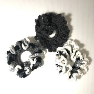 NWT Black Gray White Handmade Crocheted Hair Scrunchie by Dawny Set of 3